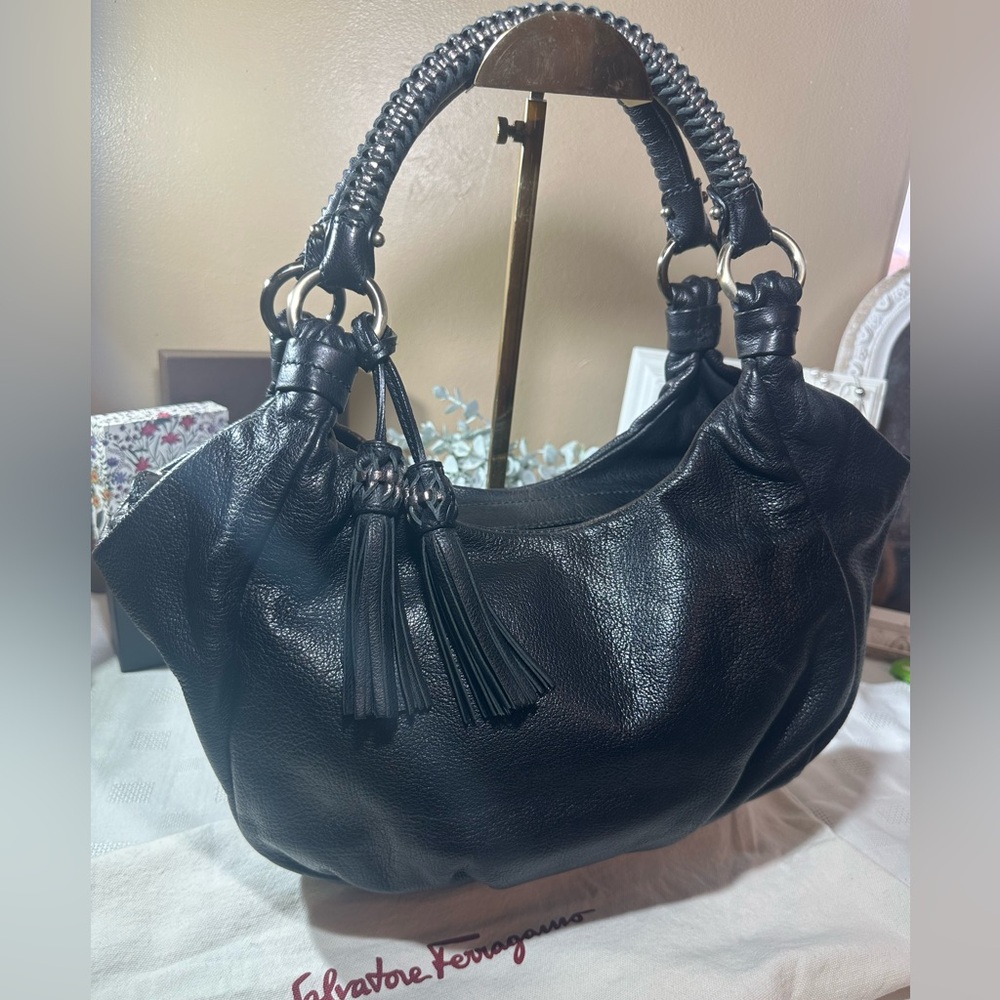 Salvatore Ferragamo top handle black leather bag purse vintage w/dust bag EUC